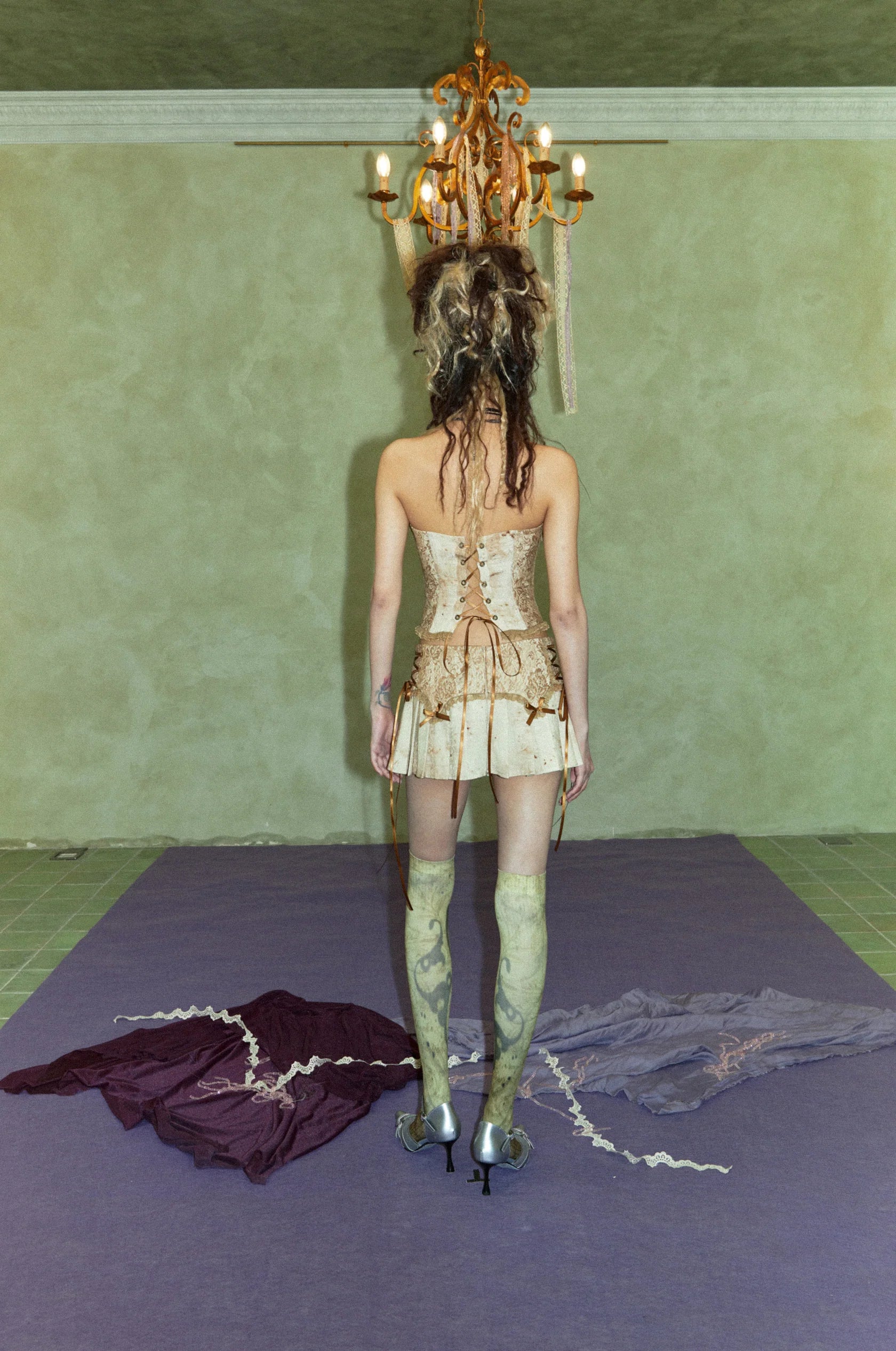 Grungy Lace Patchwork Corset Top & Mini Pleated Skort - DOLOMEDES