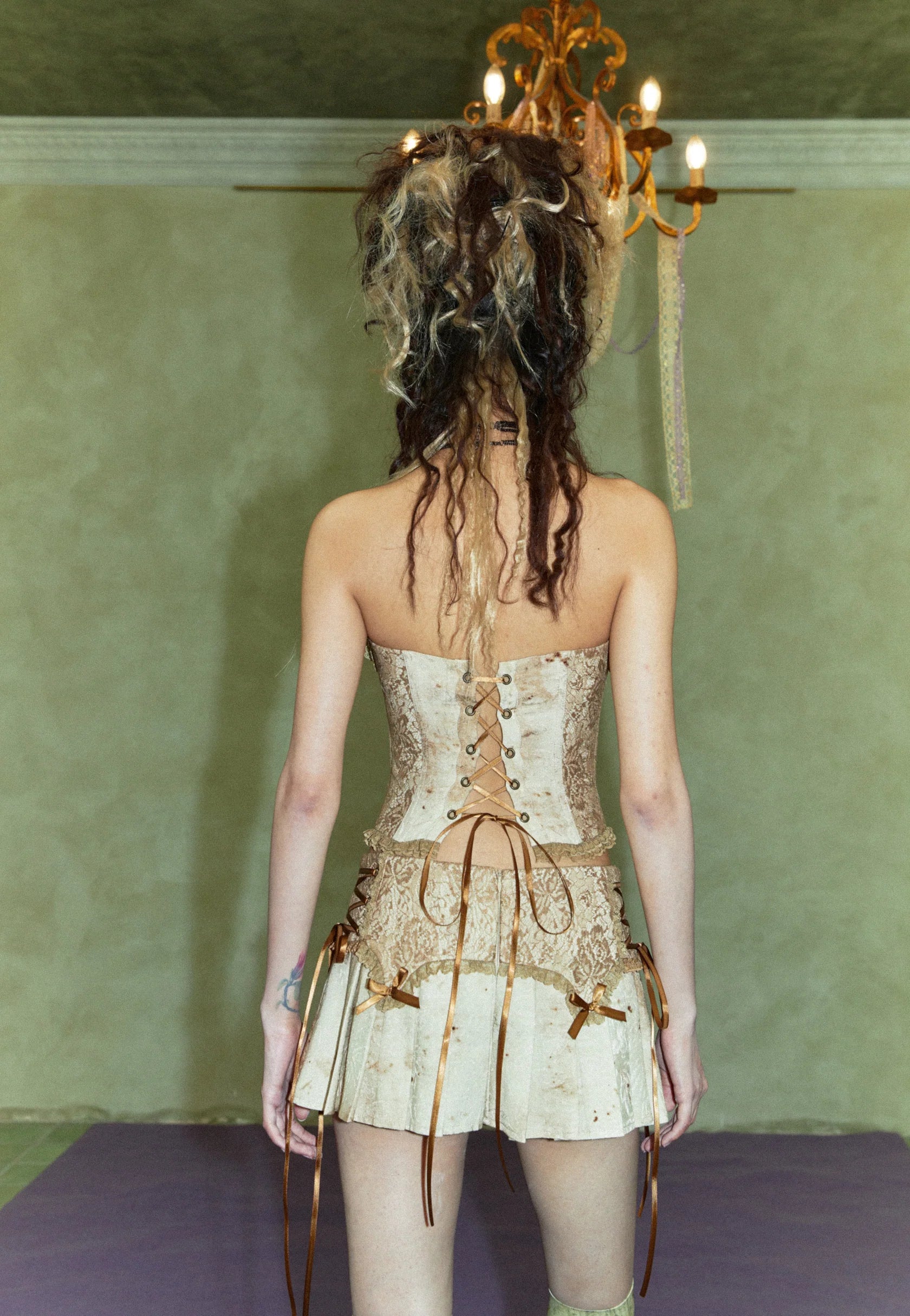 Grungy Lace Patchwork Corset Top & Mini Pleated Skort - DOLOMEDES