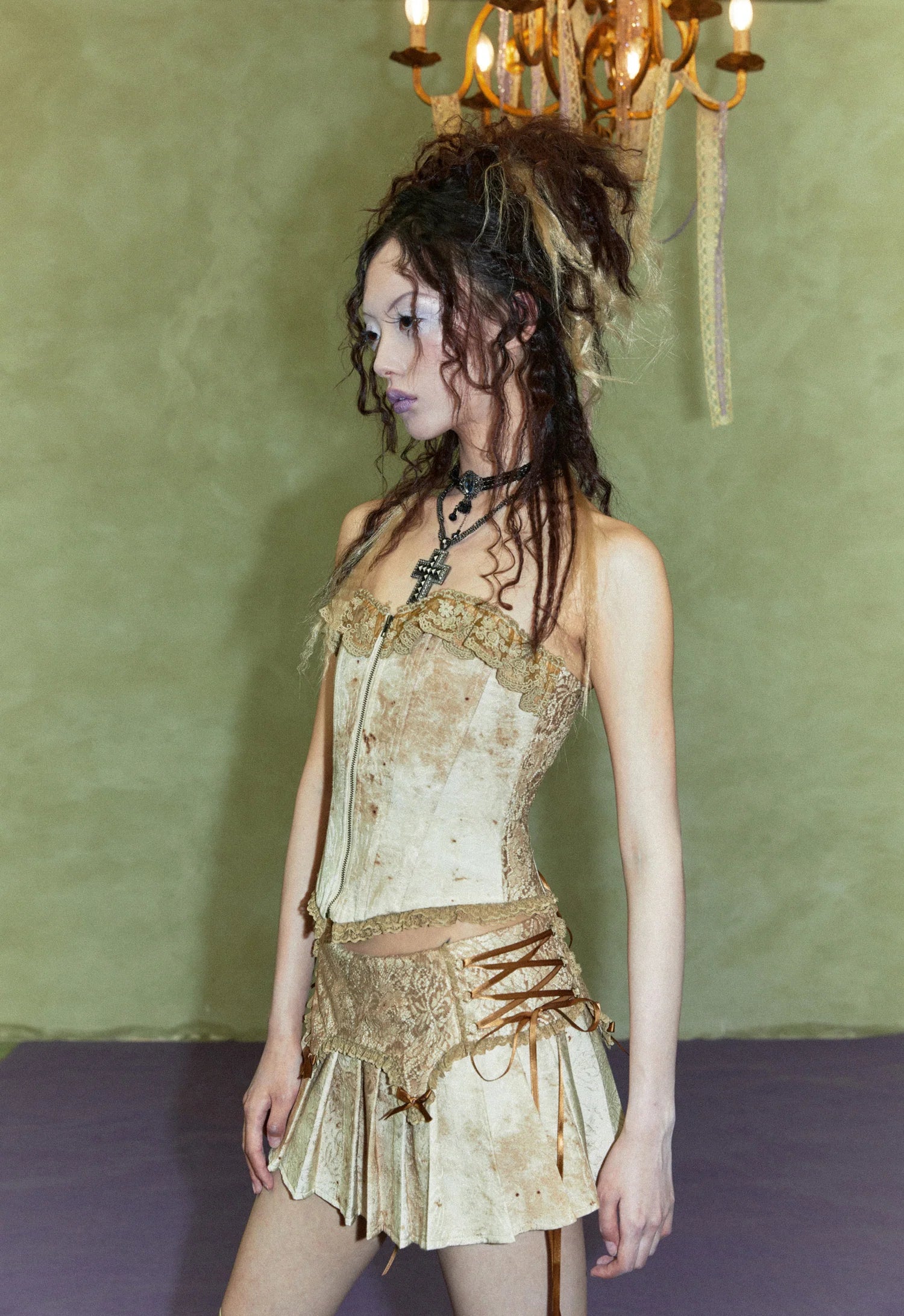 Grungy Lace Patchwork Corset Top & Mini Pleated Skort - DOLOMEDES
