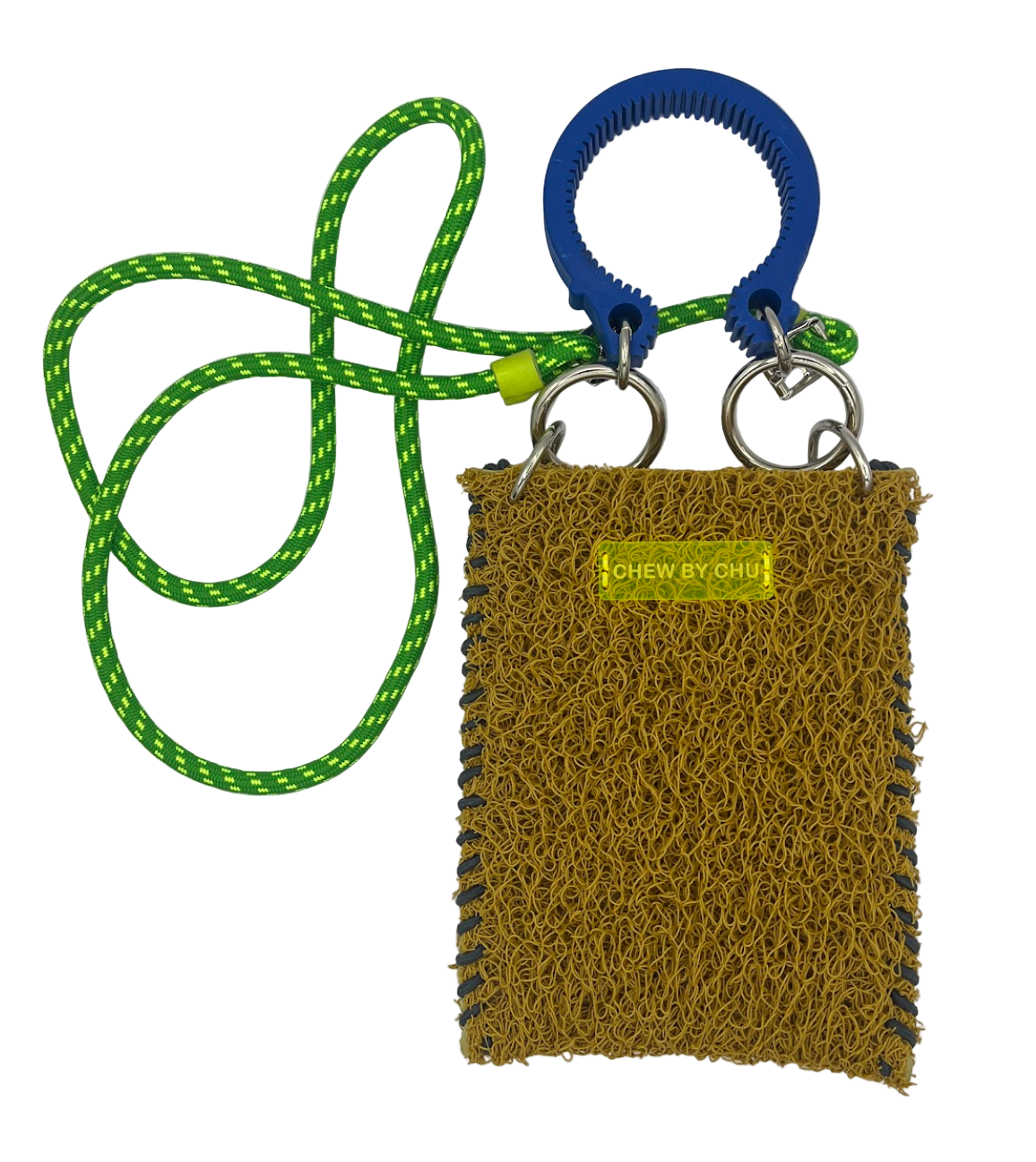 mustard textured pouch with green and blue handle on a white background
